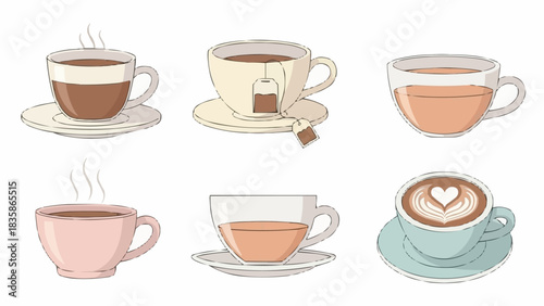 Collection of various hot beverages in different cups and mugs.