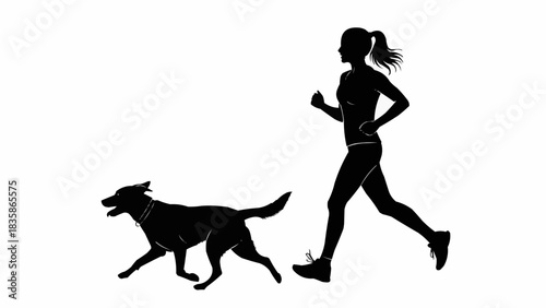 Silhouette of a Woman Running with Her Dog.