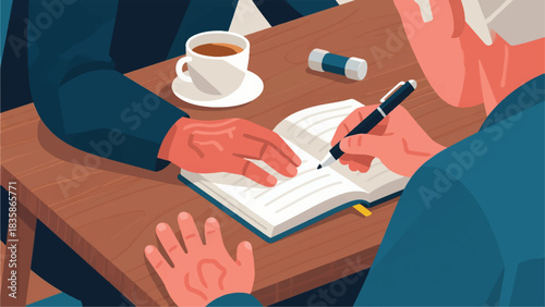 Illustration Of Person With Hand Tremors Is Carefully Writing In A Journal Using A Weighted Pen Vector Design Template