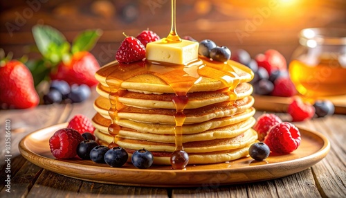 Stack of pancakes, berries, and syrup
