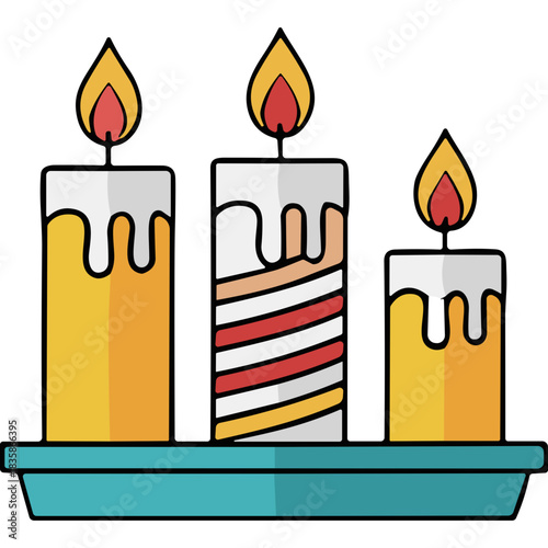 Three lit candles of varying heights with dripping wax and colorful striped patterns on a teal tray against a transparent background representing warmth and ambiance