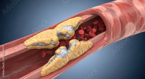 Arteriosclerosis Concept Showing Blocked Artery Due to Plaque Buildup Preventing Blood Flow Resulting From Unhealthy Diet Causing Atherosclerosis With Medical Risk Factors