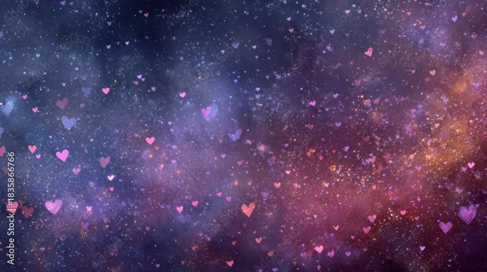 Fototapeta premium Colorful glowing hearts floating in a vibrant galaxy background, cosmic fantasy scene with stars and nebula, romantic and dreamy atmosphere, luminous abstract space design