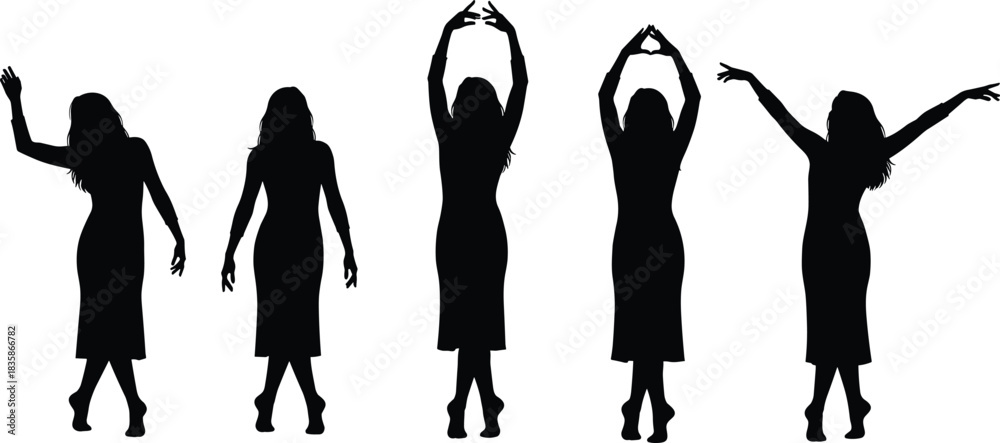 Obraz premium Here is a title and a comprehensive list of keywords for your Adobe Stock vector illustration of women in various poses, focusing on dance, fashion, and female figures for SEO.