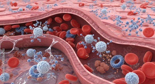 Representation of Blood Flow Inside Blood Vessel with Red Blood Cells White Blood Cells and Other Components Showing Transport of Oxygen Carbon Dioxide and Immune Response