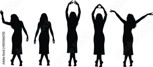 Here is a title and a comprehensive list of keywords for your Adobe Stock vector illustration of women in various poses, focusing on dance, fashion, and female figures for SEO.