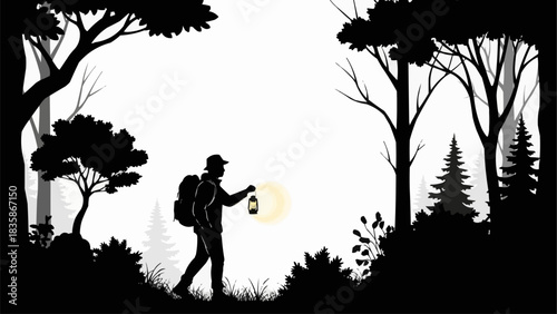 Silhouette of a lone hiker with a backpack and lantern exploring a dark forest.