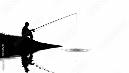 Silhouette of a person fishing by the water.