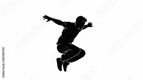 Dynamic black silhouette of a young man jumping energetically.
