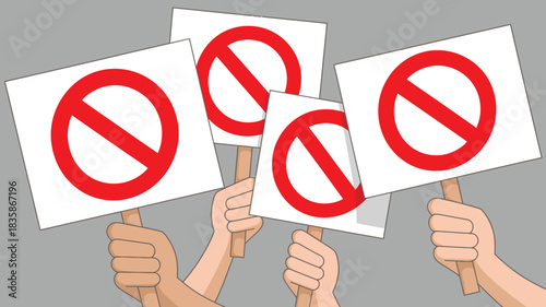 Animated Protest Hands Holding Prohibition Signs on White Boards at Demonstration
