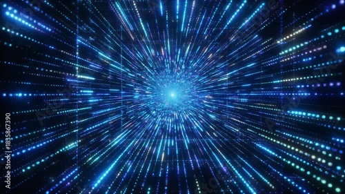 Abstract 3D animation of millions of blue particles streaming through digital pathways
