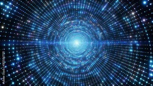 Cinematic animation of a futuristic digital data tunnel made of glowing blue particles