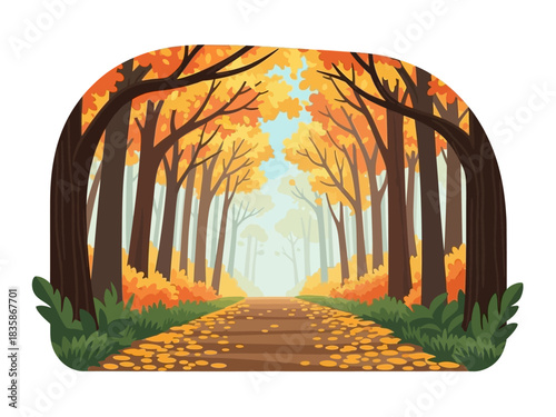 Autumnal forest pathway with falling leaves and vibrant orange and yellow trees
