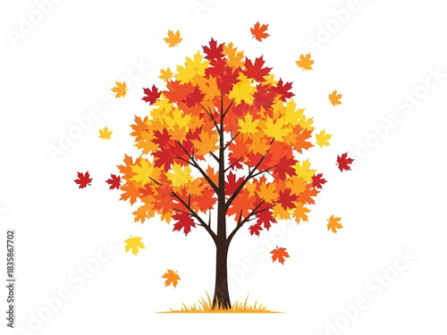 Vibrant Autumn Maple Tree with Falling Leaves