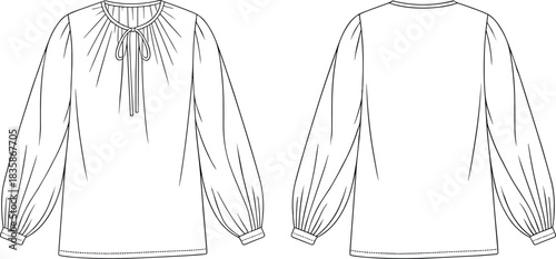 Gathered blouse, front and back view, technical flat sketch, fashion cad, vector illustration, puff sleeve, garment construction, apparel template