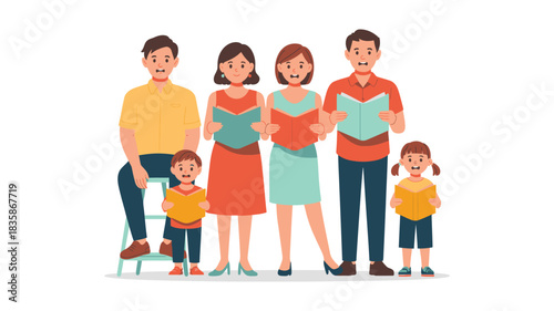 Cartoon Family Singing Together from Books Parents, Children, Standing, Sitting, Harmonizing, and Reading