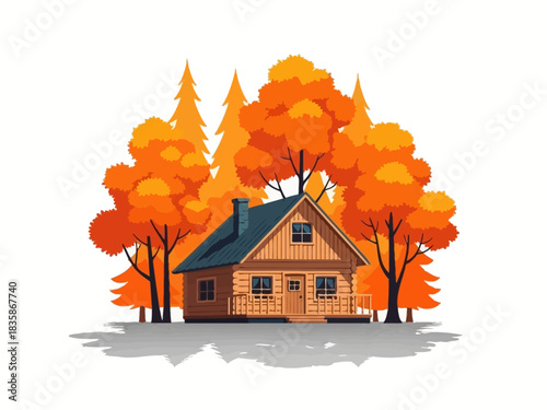 Charming Wooden Cabin Nestled Amongst Vibrant Autumn Trees in a Serene Landscape Illustration