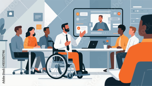 Illustration Of Professional Using A Wheelchair Is Actively Participating In A Hybrid Work Meeting Vector Design Template