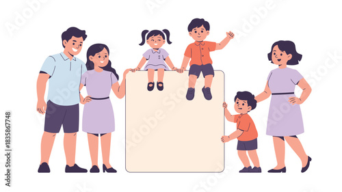 Cartoon Family Standing Behind and on Top of a Blank Sign with Smiling Expressions