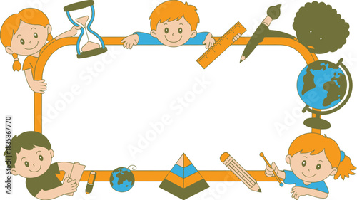 Cartoon Frame Border Featuring Kids, School Supplies, Globes, Pyramid, and Hourglass for Educationthemed Designs