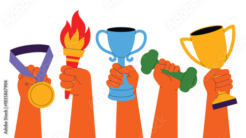 Cartoon Hands Holding Medal, Torch, Trophies, and Dumbbell Illustrating Achievement and Success on a White Background