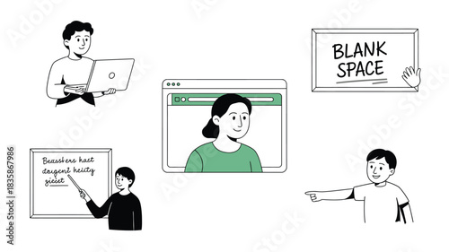 Cartoon Illustration Featuring People, a Laptop, Whiteboards with Text, and a Video Call Setup