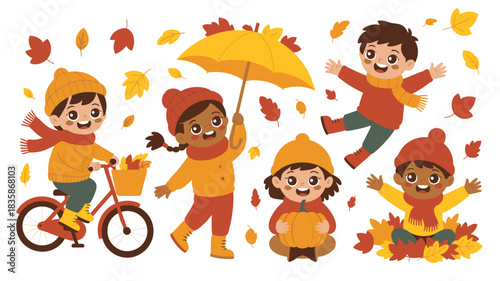 Cartoon Kids Enjoying Autumn Activities Riding Bike, Playing in Leaves, Holding Pumpkin, Umbrella Illustration