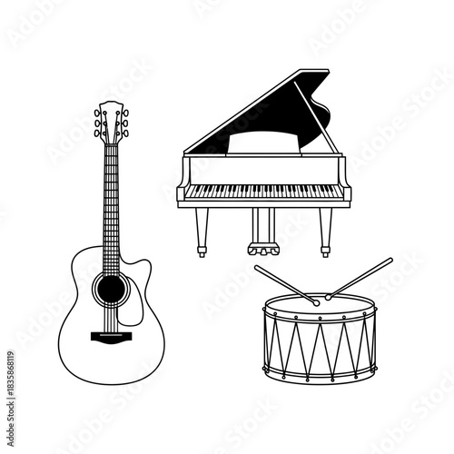 Elegant outline of musical instruments: guitar, grand piano, and snare drum, perfect for music studios and creative projects, ready to inspire!