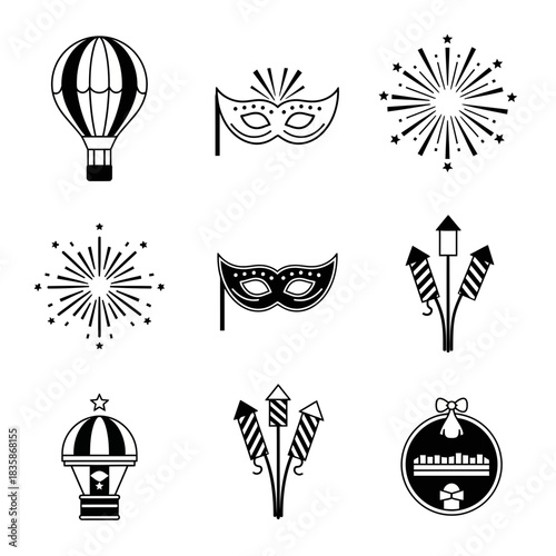 Festive celebration icons featuring hot air balloons, masquerade masks, and dazzling fireworks perfect for holiday designs and events