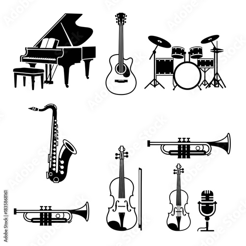 Elegant silhouettes of musical instruments: piano, guitar, drums, saxophone, violin, trumpet, microphone, perfect for music projects