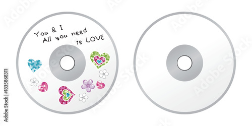 手書き風メッセージとキュートなシールが張られたＣＤのイラスト、白無地・Y2K