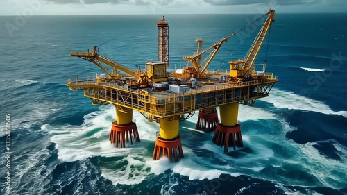 Aerial shot circling an offshore oil platform surrounded by rough waves, heavy machinery operating, epic scale.