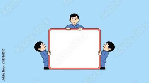 Cartoon Men Holding Up Blank White Sign With Red Border Against Light Blue Background