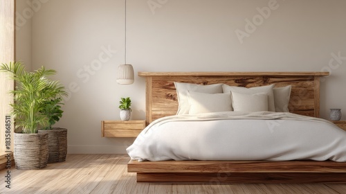 A serene bedroom with natural wood furniture and lush plants.