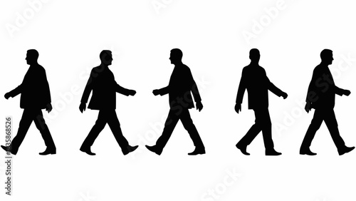 Silhouettes of five men walking in a line from left to right.