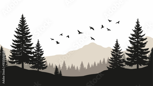 Silhouette of a pine tree forest with mountains and a flock of birds.
