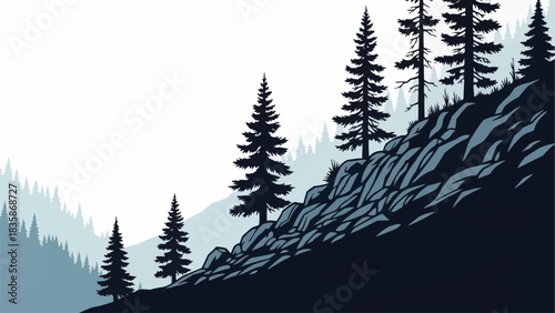 Silhouette of Evergreen Trees on Rocky Hillside.