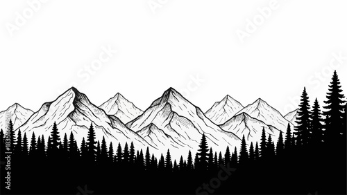 Hand-drawn mountain landscape with pine forest silhouette, black and white illustration.