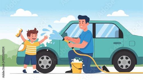 Father and son washing car together, enjoying a fun activity.