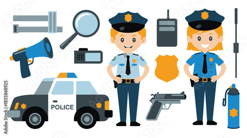 Cartoon Police Officers with Car, Gun, Megaphone, and Investigation Tools Illustration