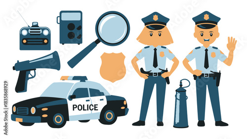 Cartoon Police Officer Characters with Equipment, Vehicle, Megaphone, Radio, Magnifying Glass, and Badge