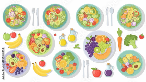 Assortment of Colorful and Healthy Fruit Salads with Fresh Ingredients.