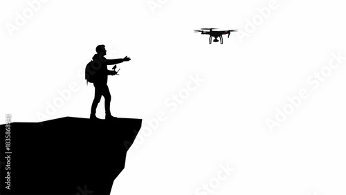 Silhouette of a person with a backpack operating a drone from a cliff edge.