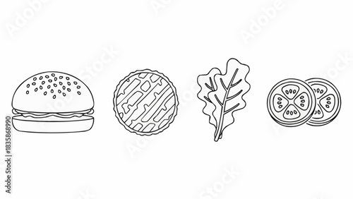 Burger ingredients illustration, bun, patty, lettuce, and tomato slices, black and white.