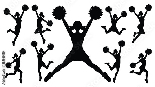 Cheerleader Silhouettes with PomPoms Jumping, Performing, and Cheering on a White Background, Team Spirit