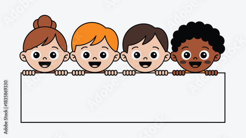 Diverse Cartoon Children Holding a Blank White Sign, Smiling, Waiting for Text Input