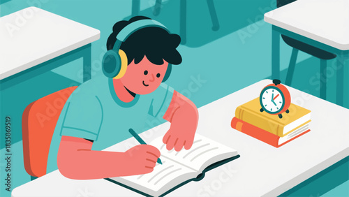 Illustration Of Student Is Focused On A Textbook At A Clean Desk, Using Headphones Vector Design Template