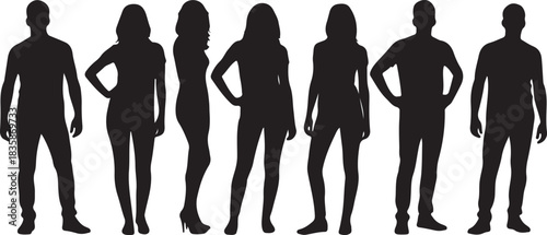 A row of silhouetted figures displaying diverse body shapes and postures