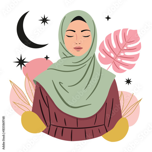 Hijab woman with closed eyes surrounded by leaves stars and crescent minimal flat Islamic illustration
