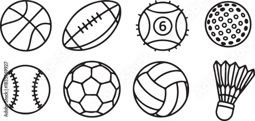 A collection of different sports balls and a badminton shuttlecock illustrated